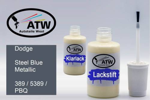 Dodge, Steel Blue Metallic, 389 / 5389 / PBQ: 20ml Lackstift + 20ml Klarlack - Set, von ATW Autoteile West.